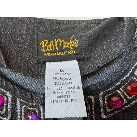 Bob Mackie Wearable Art Black Denim Zip Jacket 1X Purple Red Jeweled Embroidered - Picture 4 of 8